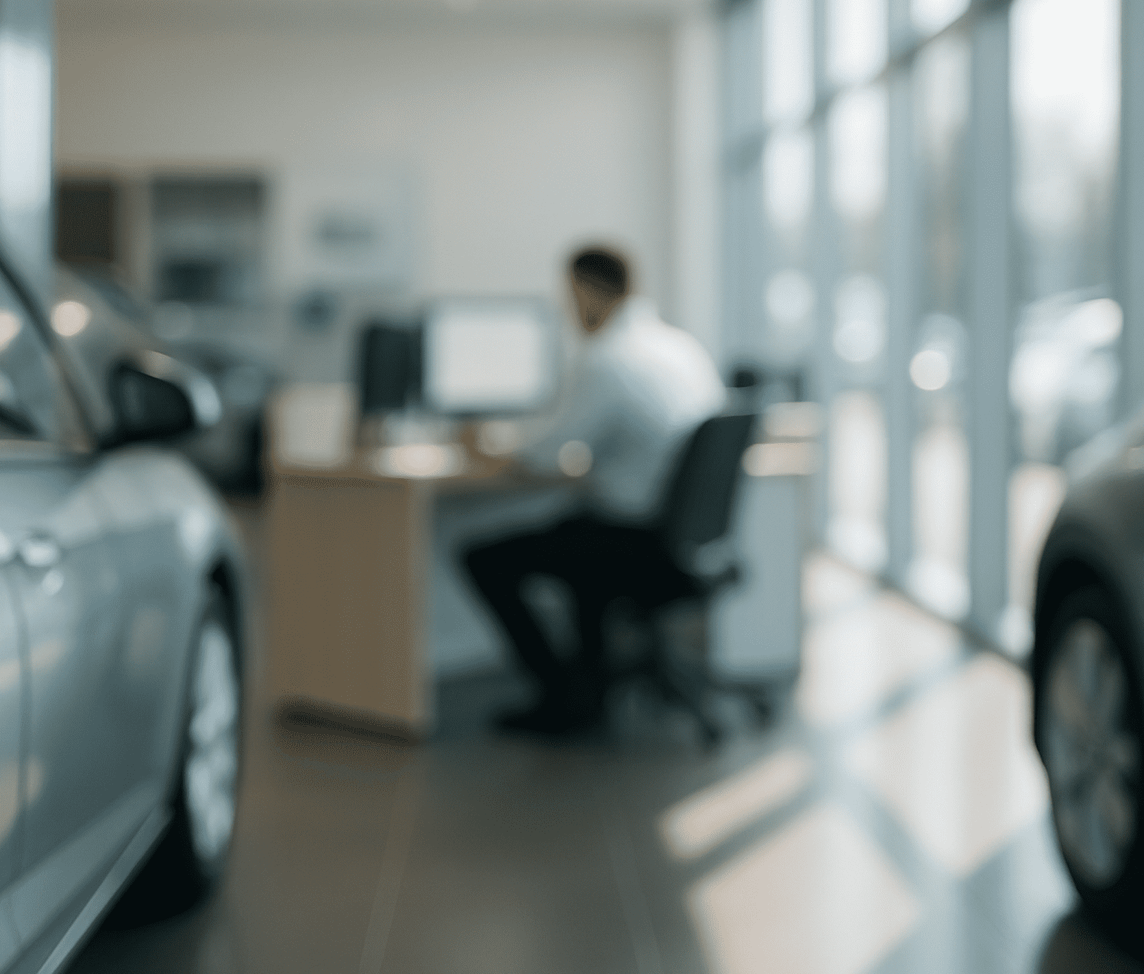 Mitarbeiter eines Autohauses arbeitet am Computer, das Bild ist bewusst verschwommen